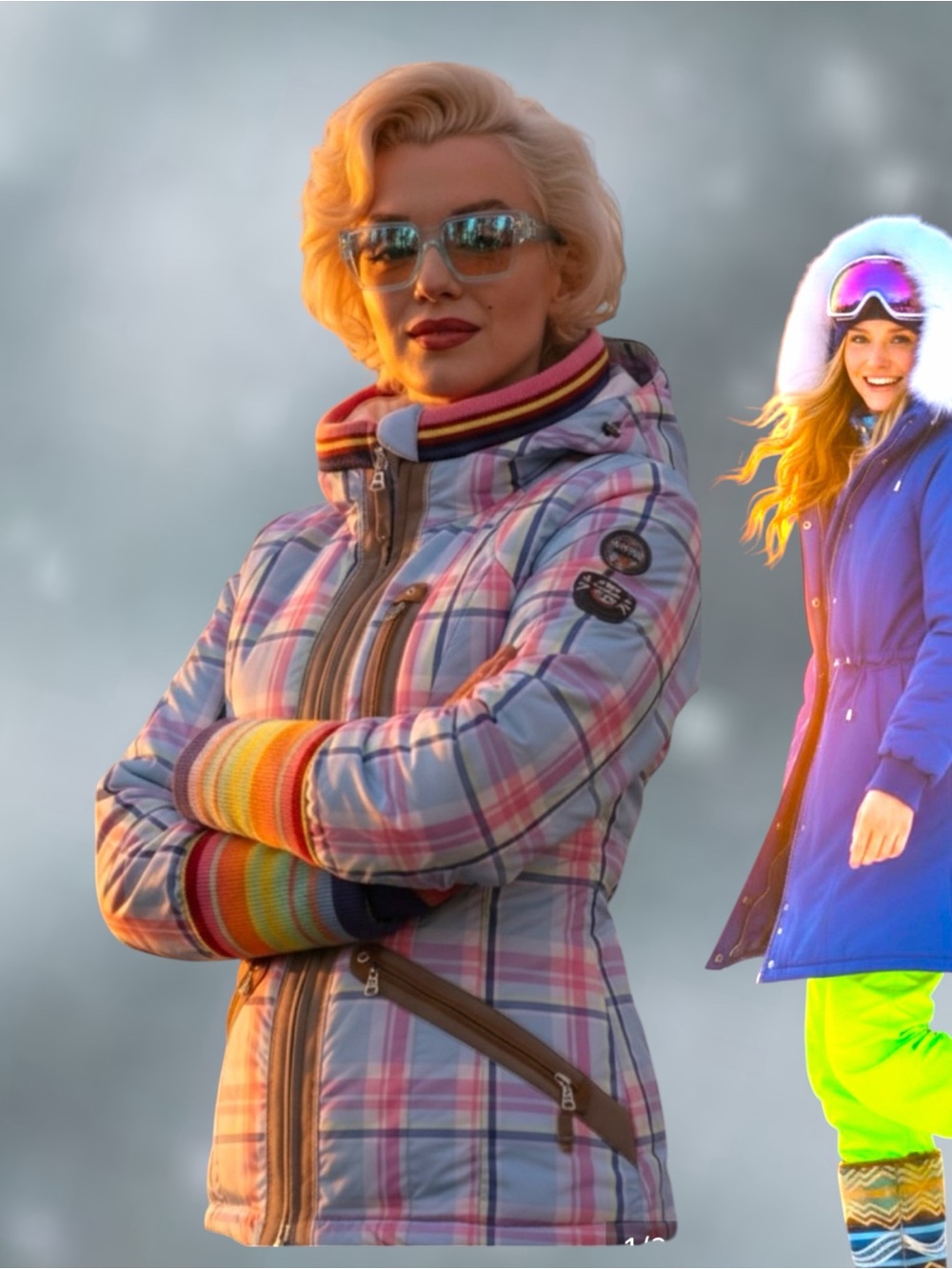 Bogner White & Light Blue Down Ski Jacket with Pink Trim Reversible
